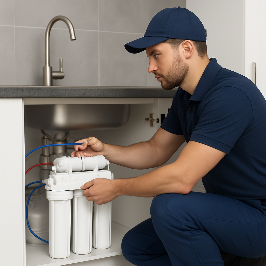 RO water purifier installation in modern kitchen